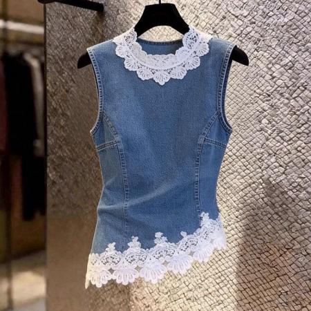 新中式拼接设计夏新款时尚穿搭高级感休闲超好看无袖牛仔背心 服裝批發女裝批發服飾貨源