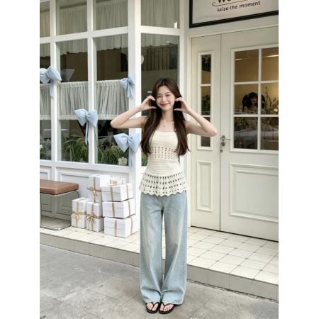 BY17586# 法式针织镂空吊带T恤女夏收腰纯欲上衣 服裝批發女裝批發服飾貨源