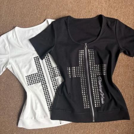 BY17587# 轻亚风铆钉十字架短袖t恤女夏季新款设计感辣妹修身显瘦拉链上衣 服裝批發女裝批發服飾貨源