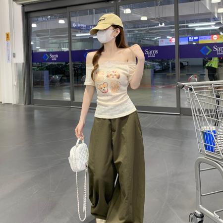 BY17589# 原版短袖t恤女装夏季新款潮韩系蕾丝一字肩方领上衣 服裝批發女裝批發服飾貨源