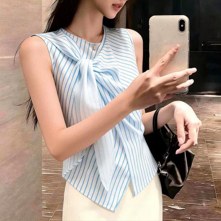 法系设计感蓝色细条纹上衣春季女装新款显气质高级风无袖衬衫 服裝批發女裝批發服飾貨源