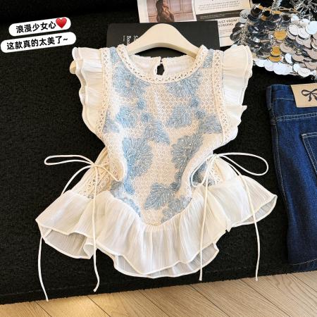 BY17594# 法式甜美假两件拼接无袖背心衬衫女夏季短款荷叶边小飞袖绑带上衣 服裝批發女裝批發服飾貨源