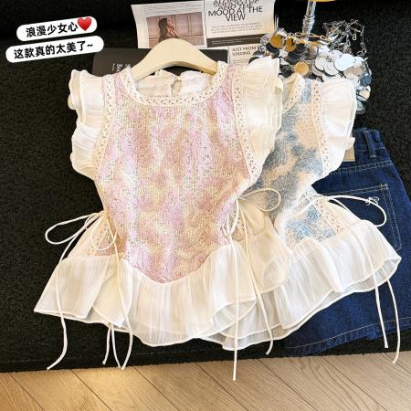 BY17594# 法式甜美假两件拼接无袖背心衬衫女夏季短款荷叶边小飞袖绑带上衣 服裝批發女裝批發服飾貨源