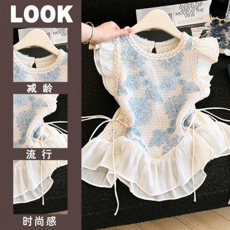 BY17594# 法式甜美假两件拼接无袖背心衬衫女夏季短款荷叶边小飞袖绑带上衣 服裝批發女裝批發服飾貨源