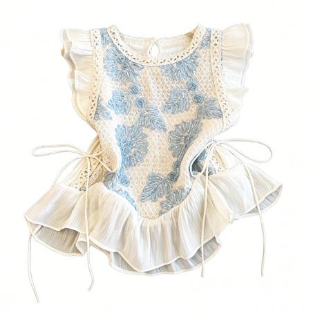 BY17594# 法式甜美假两件拼接无袖背心衬衫女夏季短款荷叶边小飞袖绑带上衣 服裝批發女裝批發服飾貨源