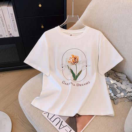 设计感郁金香重工钉珠正肩T恤女新款夏小众复古独特上衣 服裝批發女裝批發服飾貨源