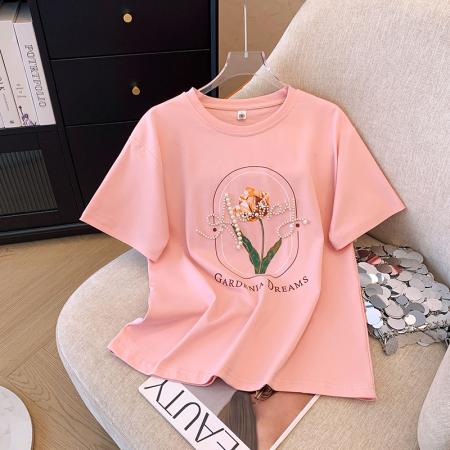 BY17595# 设计感郁金香重工钉珠正肩T恤女新款夏小众复古独特上衣 服裝批發女裝批發服飾貨源