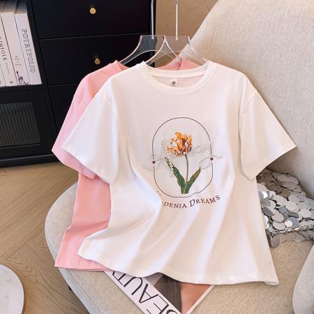BY17595# 设计感郁金香重工钉珠正肩T恤女新款夏小众复古独特上衣 服裝批發女裝批發服飾貨源