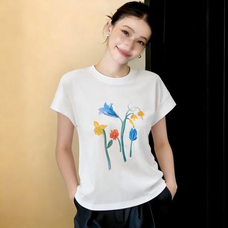 蓝铃花信新款印花T恤夏钉珠花束印花短袖T恤 服裝批發女裝批發服飾貨源