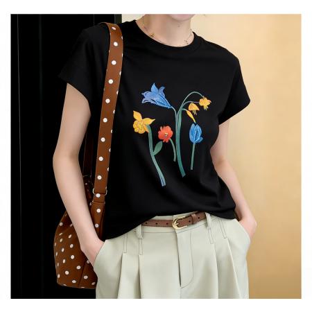 蓝铃花信新款印花T恤夏钉珠花束印花短袖T恤 服裝批發女裝批發服飾貨源