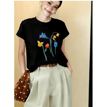 蓝铃花信新款印花T恤夏钉珠花束印花短袖T恤 服裝批發女裝批發服飾貨源