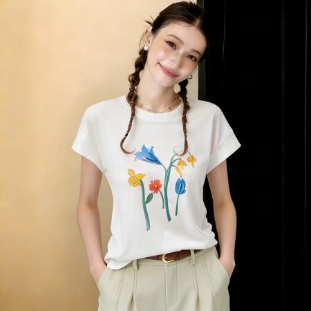 蓝铃花信新款印花T恤夏钉珠花束印花短袖T恤 服裝批發女裝批發服飾貨源