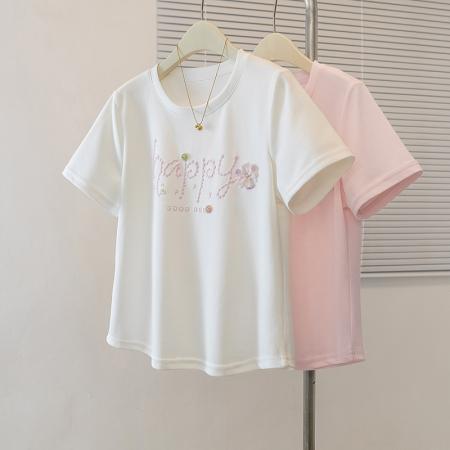 韩系设计感字母钉珠粉色短袖女夏...