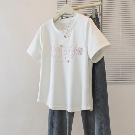 韩系设计感字母钉珠粉色短袖女夏季新款休闲百搭显瘦T恤 服裝批發女裝批發服飾貨源