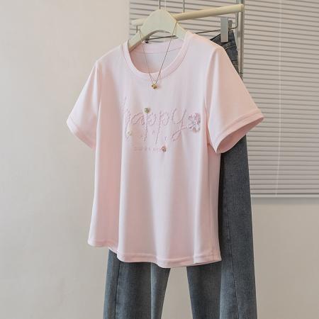 韩系设计感字母钉珠粉色短袖女夏季新款休闲百搭显瘦T恤 服裝批發女裝批發服飾貨源