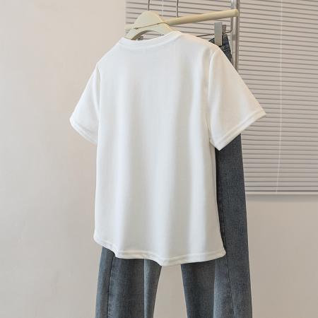 韩系设计感字母钉珠粉色短袖女夏季新款休闲百搭显瘦T恤 服裝批發女裝批發服飾貨源