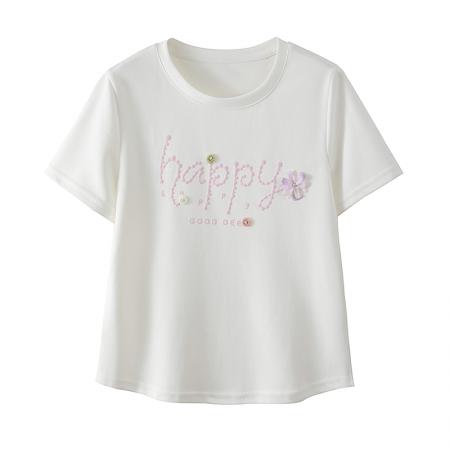韩系设计感字母钉珠粉色短袖女夏季新款休闲百搭显瘦T恤 服裝批發女裝批發服飾貨源
