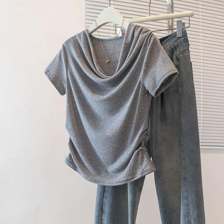 大码夏季短袖T恤不规则时尚荡领气质甜美修身显瘦上衣 服裝批發女裝批發服飾貨源