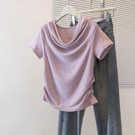 大码夏季短袖T恤不规则时尚荡领气质甜美修身显瘦上衣 服裝批發女裝批發服飾貨源