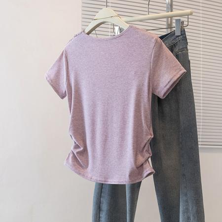 大码夏季短袖T恤不规则时尚荡领气质甜美修身显瘦上衣 服裝批發女裝批發服飾貨源