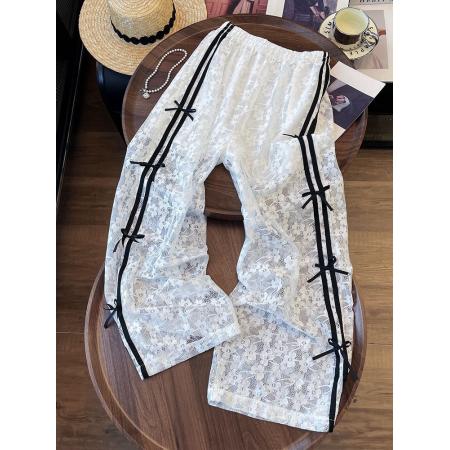 韩国东大门夏季新款韩系蕾丝立体蝴蝶结松紧腰减龄休闲裤甜美长裤 服裝批發女裝批發服飾貨源