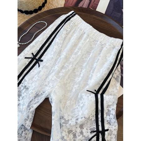 韩国东大门夏季新款韩系蕾丝立体蝴蝶结松紧腰减龄休闲裤甜美长裤 服裝批發女裝批發服飾貨源