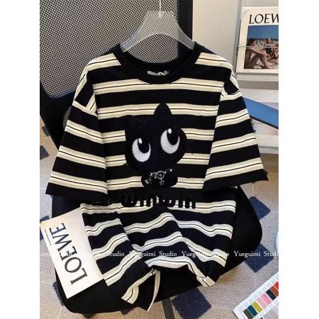 重工设计感刺绣条纹短袖T恤女夏季宽松上衣百搭 服裝批發女裝批發服飾貨源