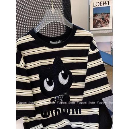 重工设计感刺绣条纹短袖T恤女夏季宽松上衣百搭 服裝批發女裝批發服飾貨源