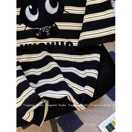 重工设计感刺绣条纹短袖T恤女夏季宽松上衣百搭 服裝批發女裝批發服飾貨源