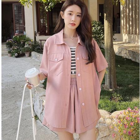甜桃少女粉色短袖外套上衣斜纹短裤女夏季活泼减龄两件套 服裝批發女裝批發服飾貨源