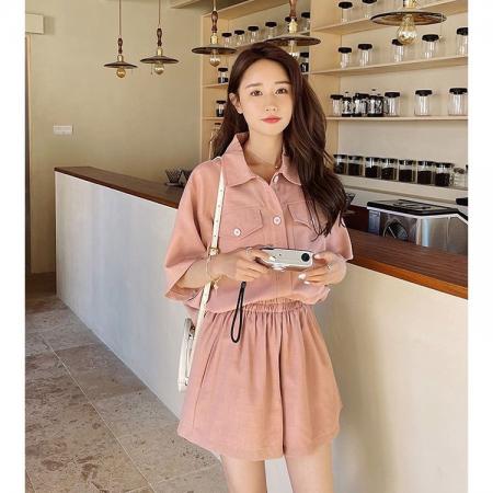 甜桃少女粉色短袖外套上衣斜纹短裤女夏季活泼减龄两件套 服裝批發女裝批發服飾貨源