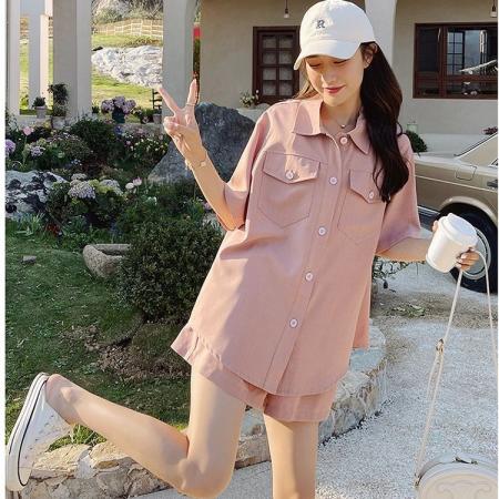 甜桃少女粉色短袖外套上衣斜纹短裤女夏季活泼减龄两件套 服裝批發女裝批發服飾貨源