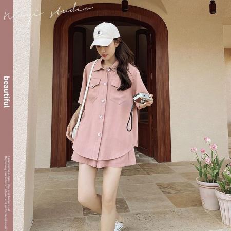 甜桃少女粉色短袖外套上衣斜纹短裤女夏季活泼减龄两件套 服裝批發女裝批發服飾貨源
