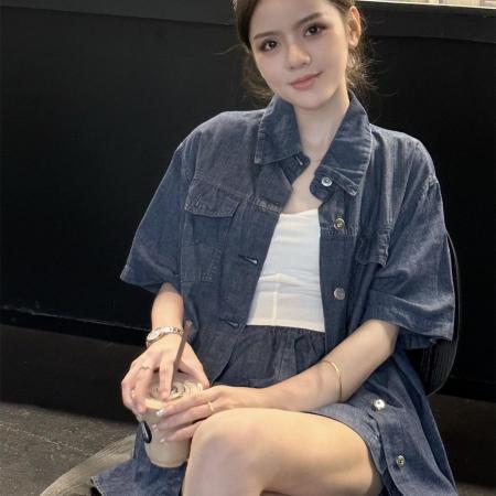 2休闲百搭翻领短袖牛仔衬衫+松紧高腰阔腿短裤两件套 服裝批發女裝批發服飾貨源