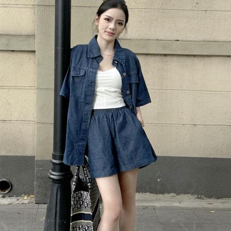 2休闲百搭翻领短袖牛仔衬衫+松紧高腰阔腿短裤两件套 服裝批發女裝批發服飾貨源