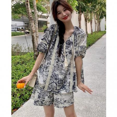 夏季新款水墨画旅游度假宽松短袖上衣两件套女 服裝批發女裝批發服飾貨源