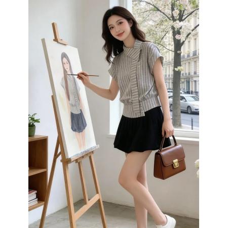 韩系漂亮套装女夏季新款气质条纹短袖衬衫花苞半身裙两件套巨好看 服裝批發女裝批發服飾貨源