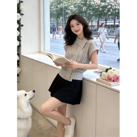 韩系漂亮套装女夏季新款气质条纹短袖衬衫花苞半身裙两件套巨好看 服裝批發女裝批發服飾貨源