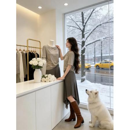 早春漂亮套装女新款设计感荡领短袖T恤不规则拼接花边半身裙两件 服裝批發女裝批發服飾貨源