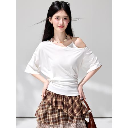 夏白色露肩短袖T恤设计感小众斜肩收腰显瘦不规则上衣 服裝批發女裝批發服飾貨源