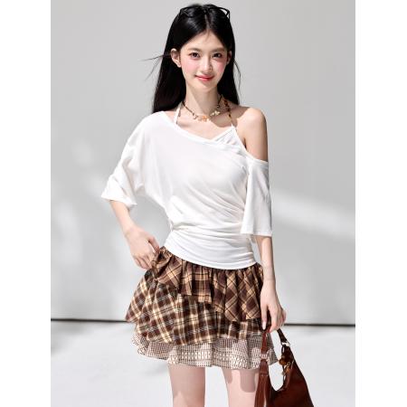 夏白色露肩短袖T恤设计感小众斜肩收腰显瘦不规则上衣 服裝批發女裝批發服飾貨源