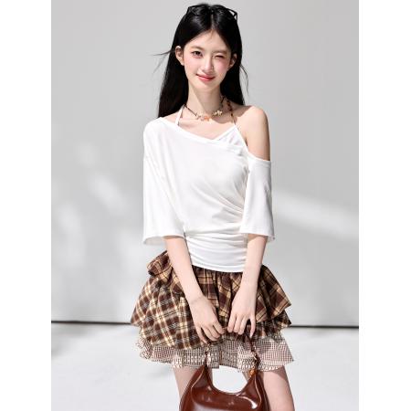 夏白色露肩短袖T恤设计感小众斜肩收腰显瘦不规则上衣 服裝批發女裝批發服飾貨源