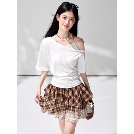 夏白色露肩短袖T恤设计感小众斜肩收腰显瘦不规则上衣 服裝批發女裝批發服飾貨源