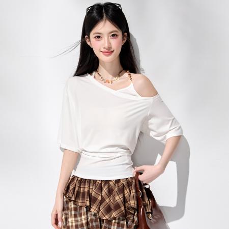 夏白色露肩短袖T恤设计感小众斜肩收腰显瘦不规则上衣 服裝批發女裝批發服飾貨源
