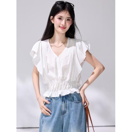 夏季白色V领飞飞袖上衣女设计感小众荷叶边短袖雪纺衫 服裝批發女裝批發服飾貨源