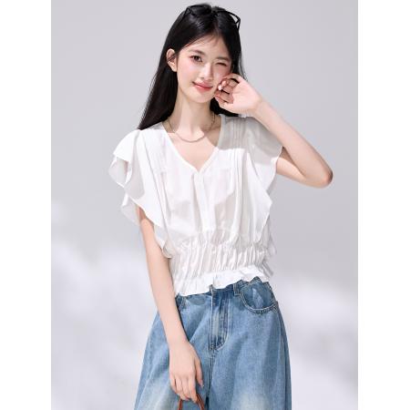 夏季白色V领飞飞袖上衣女设计感小众荷叶边短袖雪纺衫 服裝批發女裝批發服飾貨源