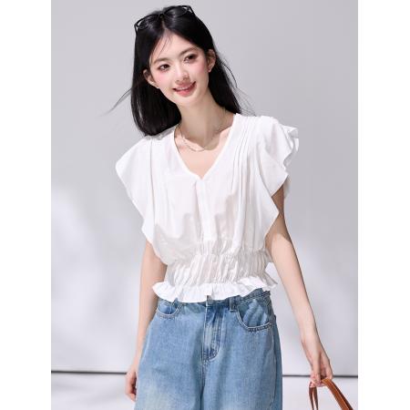 夏季白色V领飞飞袖上衣女设计感小众荷叶边短袖雪纺衫 服裝批發女裝批發服飾貨源