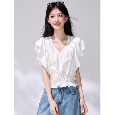 夏季白色V领飞飞袖上衣女设计感小众荷叶边短袖雪纺衫 服裝批發女裝批發服飾貨源