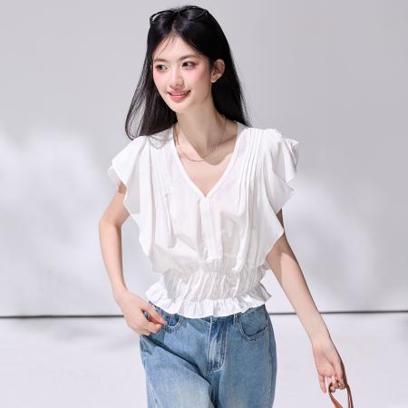 夏季白色V领飞飞袖上衣女设计感小众荷叶边短袖雪纺衫 服裝批發女裝批發服飾貨源