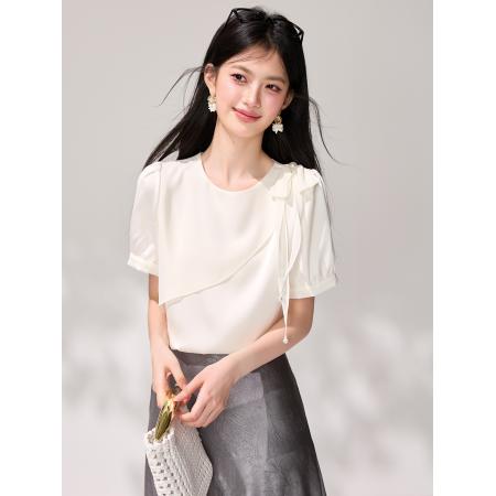 不规则荷叶边圆领短袖雪纺夏设计感钉珠蝴蝶结衬衫法式上衣 服裝批發女裝批發服飾貨源